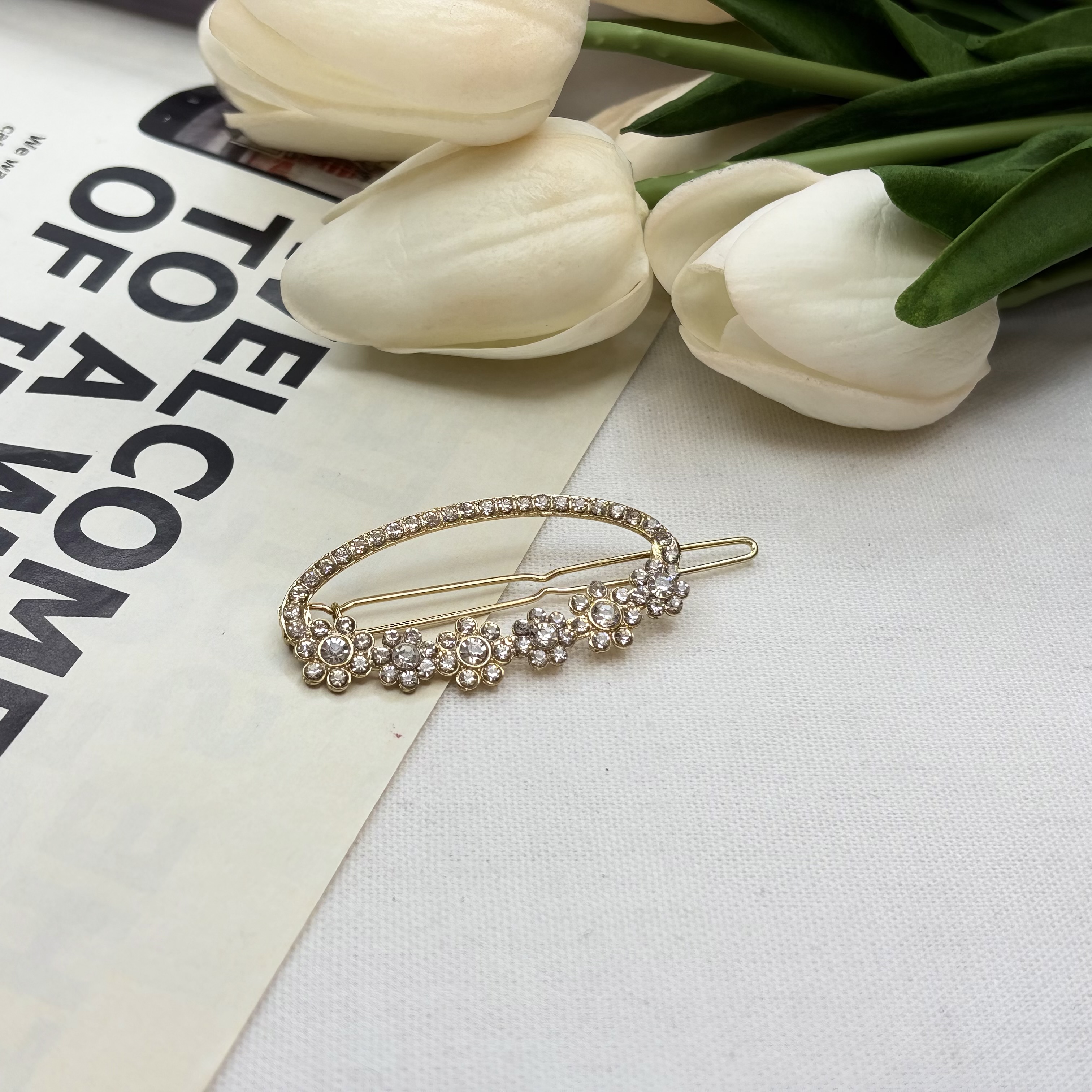 گیره مو بیضی نگین گل فلزی فنری مناسب کنار و پشت مو6cm
