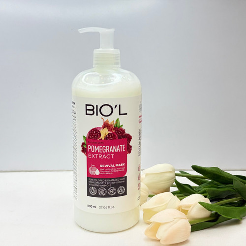 ماسک مو بیول biolمخصوص موهای رنگ شده رایحه انار با آبکشی ترمیم کننده ساقه و احیا کننده موهای آسیب دیده از رنگ و مواد شیمیایی ۸۰۰میل