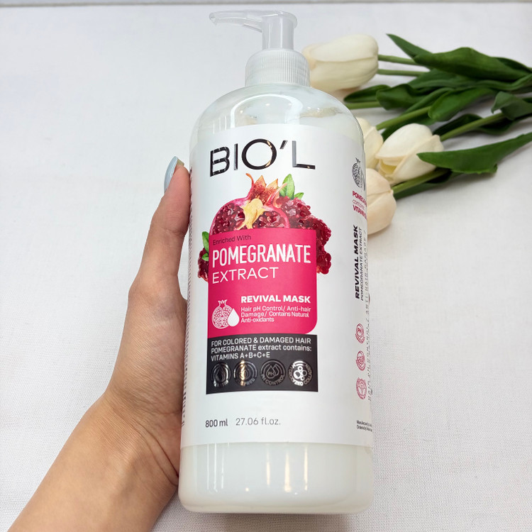 ماسک مو بیول biolمخصوص موهای رنگ شده رایحه انار با آبکشی ترمیم کننده ساقه و احیا کننده موهای آسیب دیده از رنگ و مواد شیمیایی ۸۰۰میل