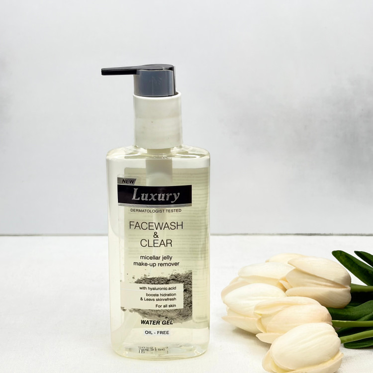 ژل شستشوی صورت و پاک کننده آرایش لاکچری مناسب انواع پوست حاوی هیالورونیک اسید Luxury مدل Facewash & Clear