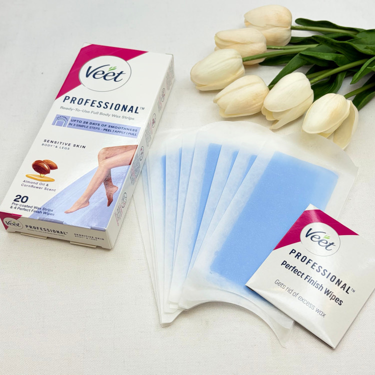 نوار مو بر ویت Veet مدل Professional مناسب پوست های حساس بسته 20 عددی همراه با پد روغن ضدالتهاب
