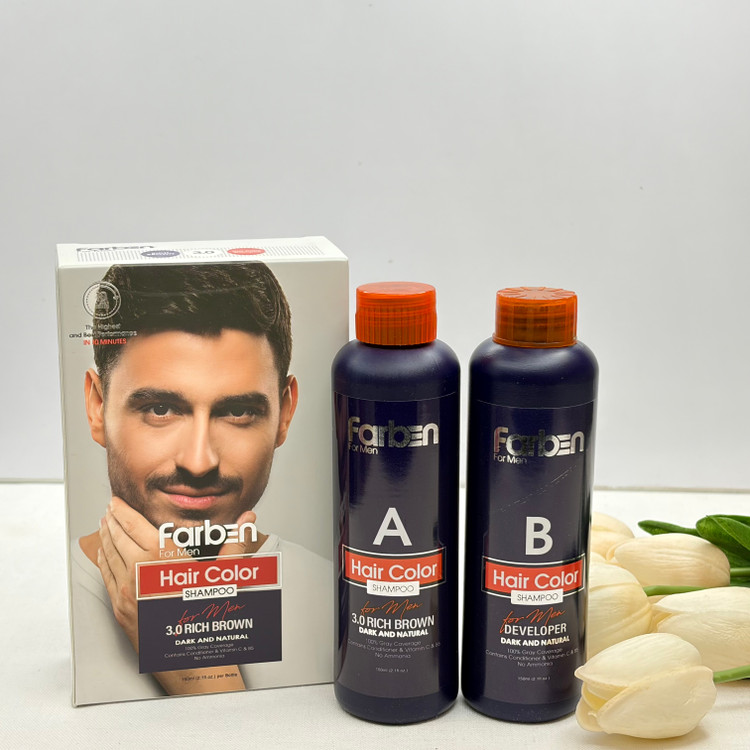 شامپو رنگ مو بدون آمونیاک فاربنfarben شماره ۳.۰ رنگ قهوه ای تیره Rich Brown مناسب برای پوشش کامل و طبیعی موهای سفید