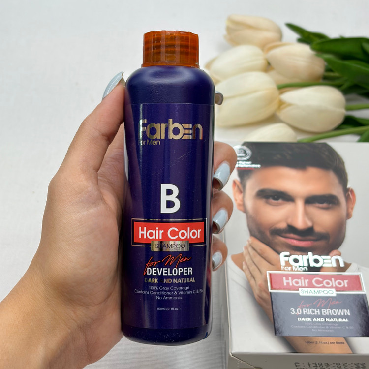 شامپو رنگ مو بدون آمونیاک فاربنfarben شماره ۳.۰ رنگ قهوه ای تیره Rich Brown مناسب برای پوشش کامل و طبیعی موهای سفید