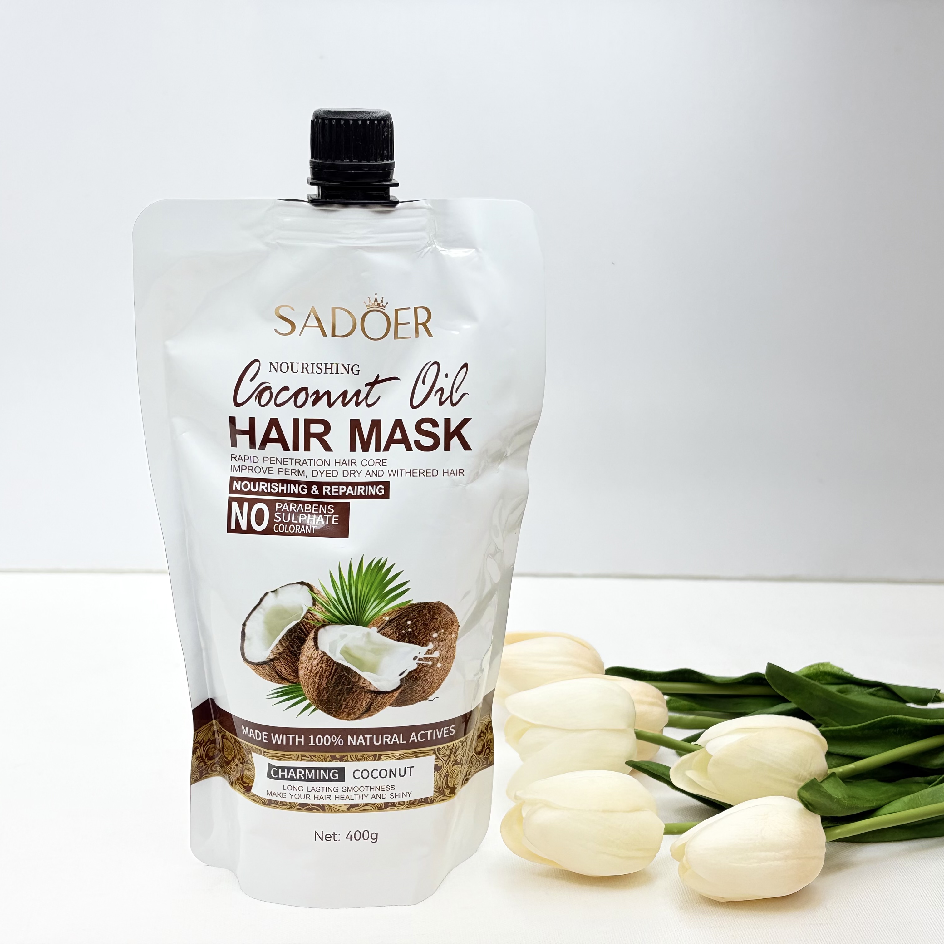 ماسک مو ساندیسی با آبکشی با رایحه نارگیل  مناسب موهای صاف و حالت دار ترمیم کننده COCONUT