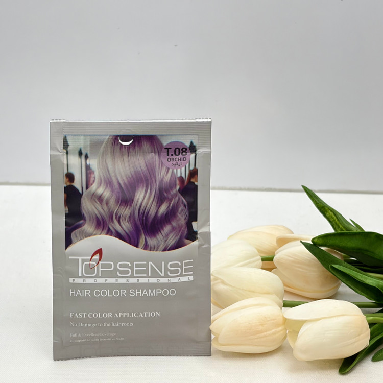 شامپو رنگ مو ژله ای ساشه ای رنگ ارکید شماره T.08 برند تاپ سنس TOP SENSE حجم ۳۰میل