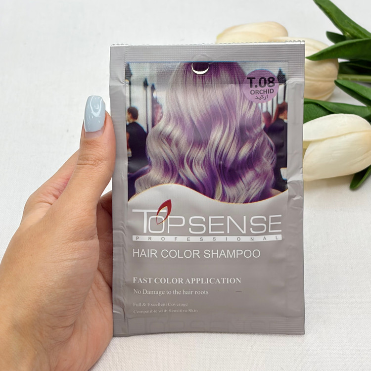 شامپو رنگ مو ژله ای ساشه ای رنگ ارکید شماره T.08 برند تاپ سنس TOP SENSE حجم ۳۰میل