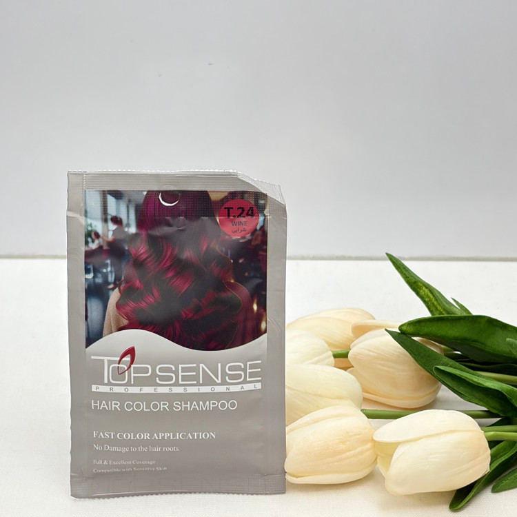 شامپو رنگ مو ژله ای ساشه ای رنگ شرابی شماره T.24برند تاپ سنس TOP SENSE حجم ۳۰میل
