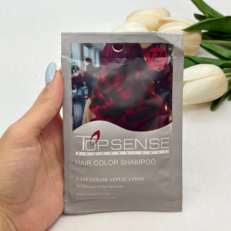 شامپو رنگ مو ژله ای ساشه ای رنگ شرابی شماره T.24برند تاپ سنس TOP SENSE حجم ۳۰میل