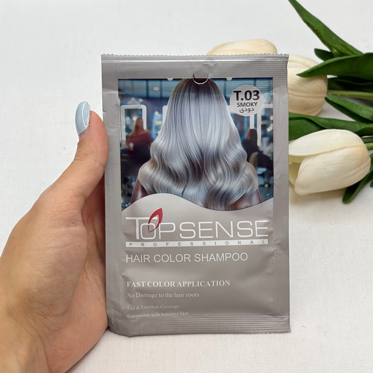 شامپو رنگ مو ژله ای ساشه ای رنگ دودی شماره T.03برند تاپ سنس TOP SENSE حجم ۳۰میل
