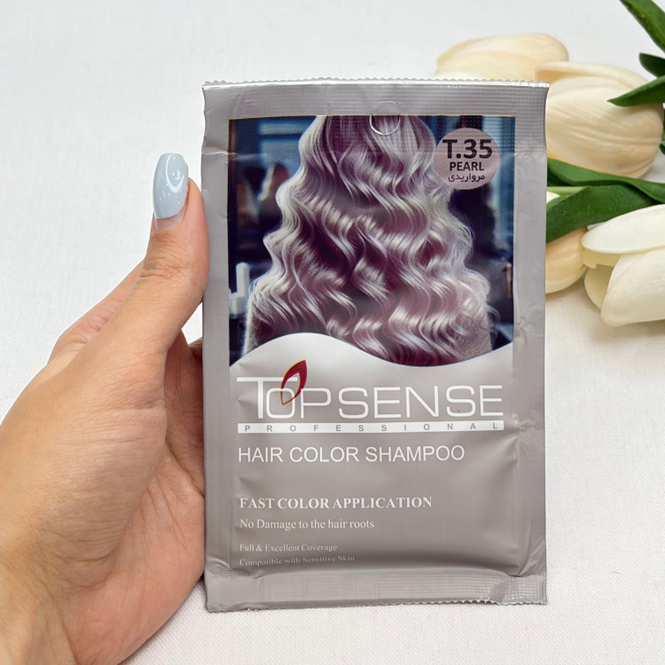 شامپو رنگ مو ژله ای ساشه ای رنگ مرواریدی شماره T.35برند تاپ سنس TOP SENSE حجم ۳۰میل