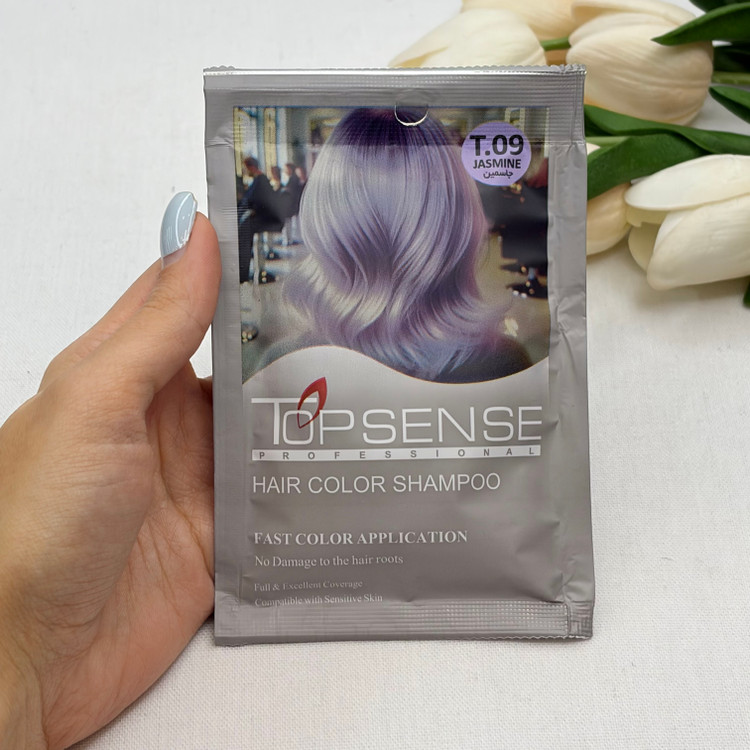 شامپو رنگ مو ژله ای ساشه ای رنگ جاسمین شماره T.09برند تاپ سنس TOP SENSE حجم ۳۰میل