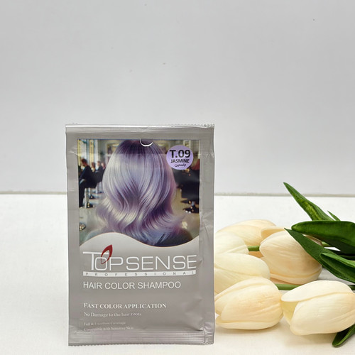 شامپو رنگ مو ژله ای ساشه ای رنگ جاسمین شماره T.09برند تاپ سنس TOP SENSE حجم ۳۰میل