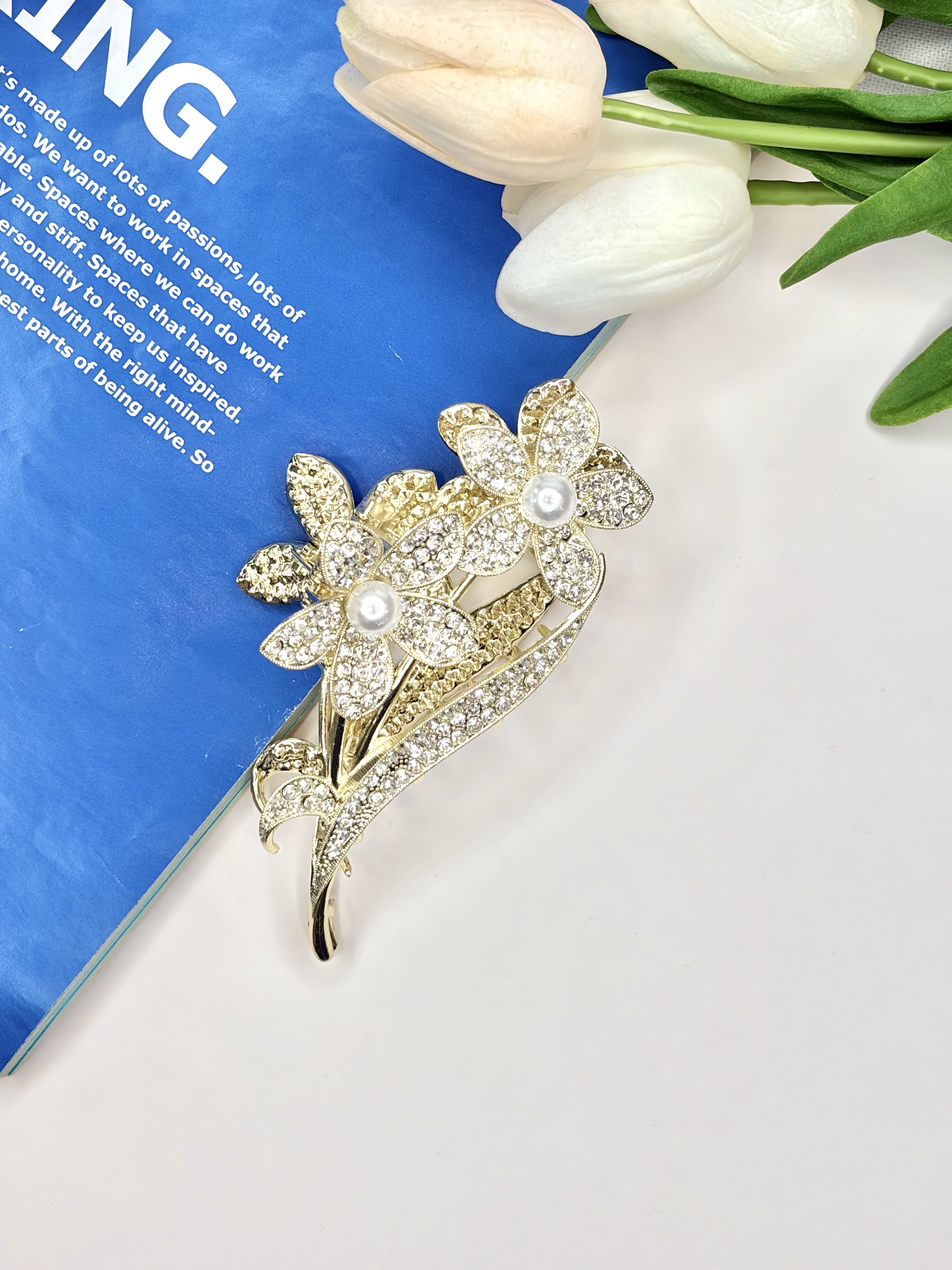 کلیپس فلزی طرح شاخه گل فول نگین سایز بزرگ11cm
