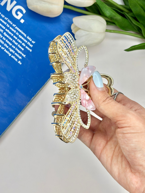 کلیپس فلزی نگین دار طرح پروانه صدفی و فول نگین10.5cm