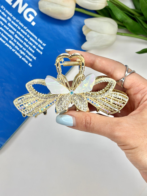 کلیپس فلزی نگین دار طرح پروانه صدفی و فول نگین10.5cm