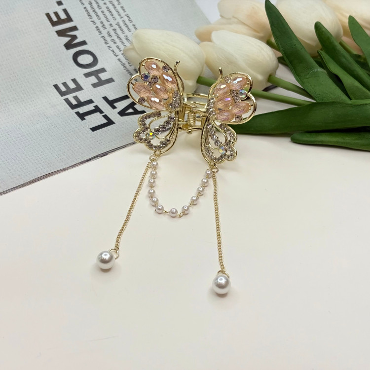 کلیپس فلزی نگین کریستال آویزداربا کیفیت عالی وارداتی طرح پروانه8.5cm