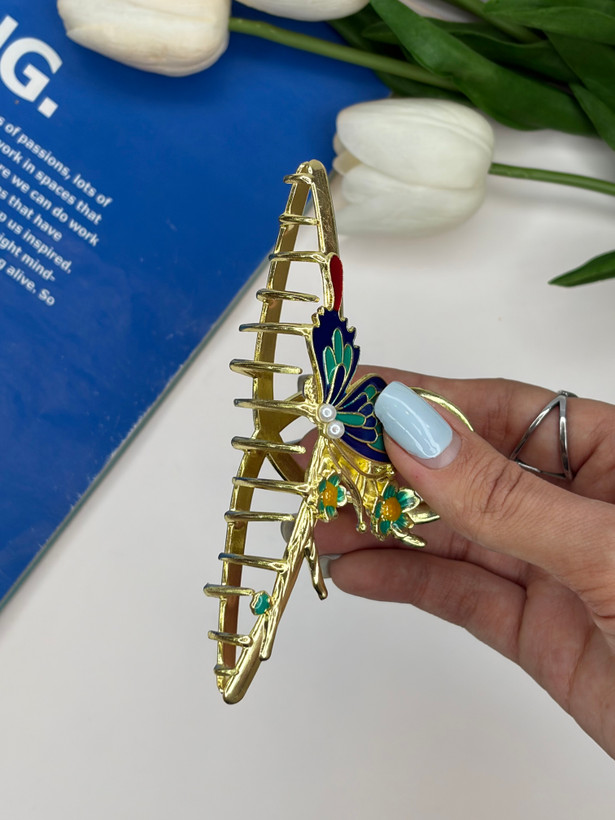 کلیپس فلزی طلایی براق پروانه میناکاری با کیفیت عالی وارداتی سایز بزرگ11/5cm