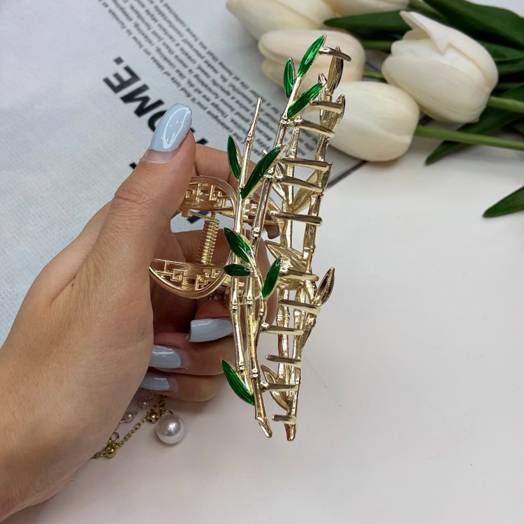 کلیپس فلزی میناکاری وارداتی طرح شاخ و برگ بامبو آویزدار سایز بزرگ12cm