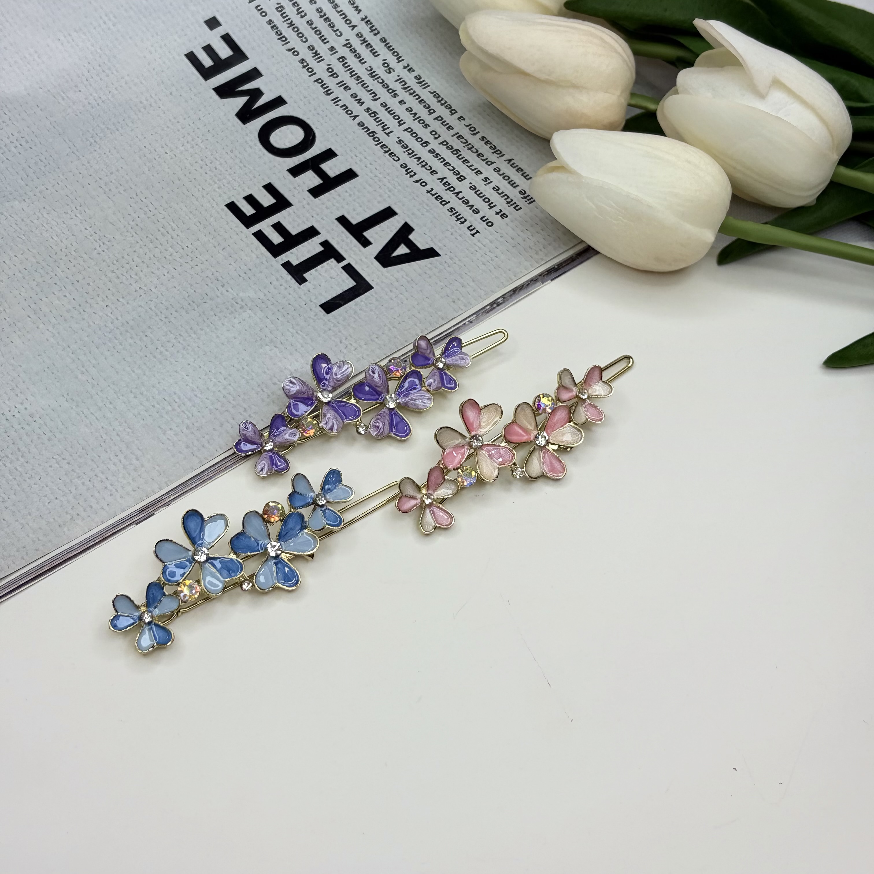 گیره مو قفلی طرح گل میناکاری فلزی7cm