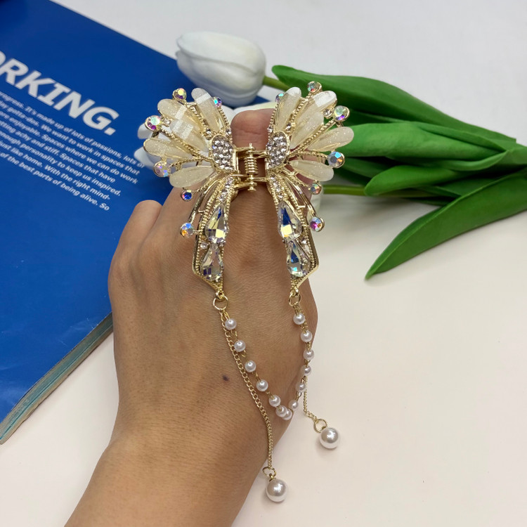 کلیپس فلزی آویزدار براق طلایی نگین کریستال نباتی با کیفیت عالی وارداتی 6cm