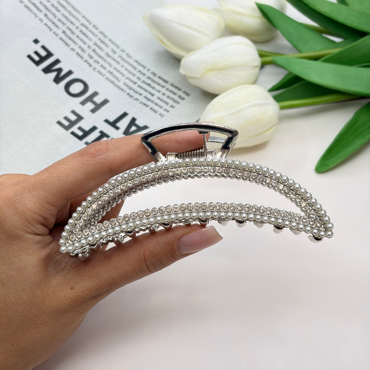 کلیپس فلزی نقره ای رنگ طرح ماه فول نگین مروارید سایز بزرگ11cm