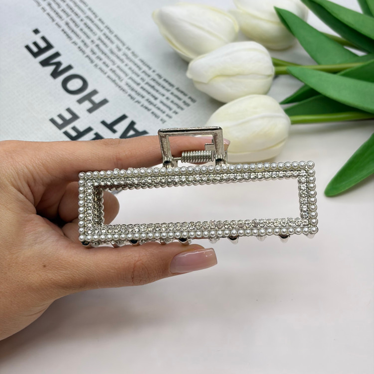 کلیپس فلزی نقره ای مستطیلی فول نگین مروارید سایز بزرگ10cm