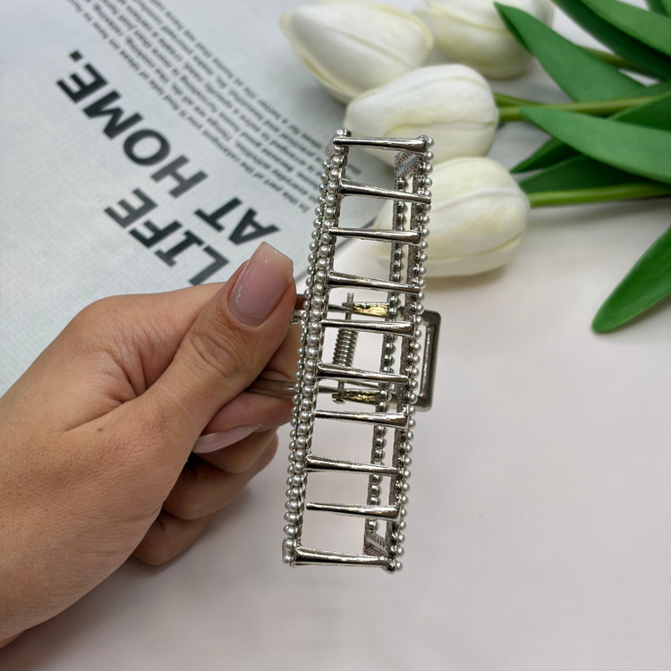 کلیپس فلزی نقره ای مستطیلی فول نگین مروارید سایز بزرگ10cm