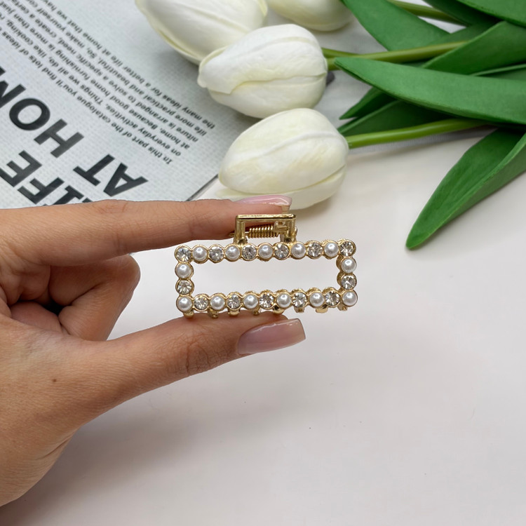 کلیپس فلزی مستطیلی فول نگین مروارید سایز کوچک4.5cm