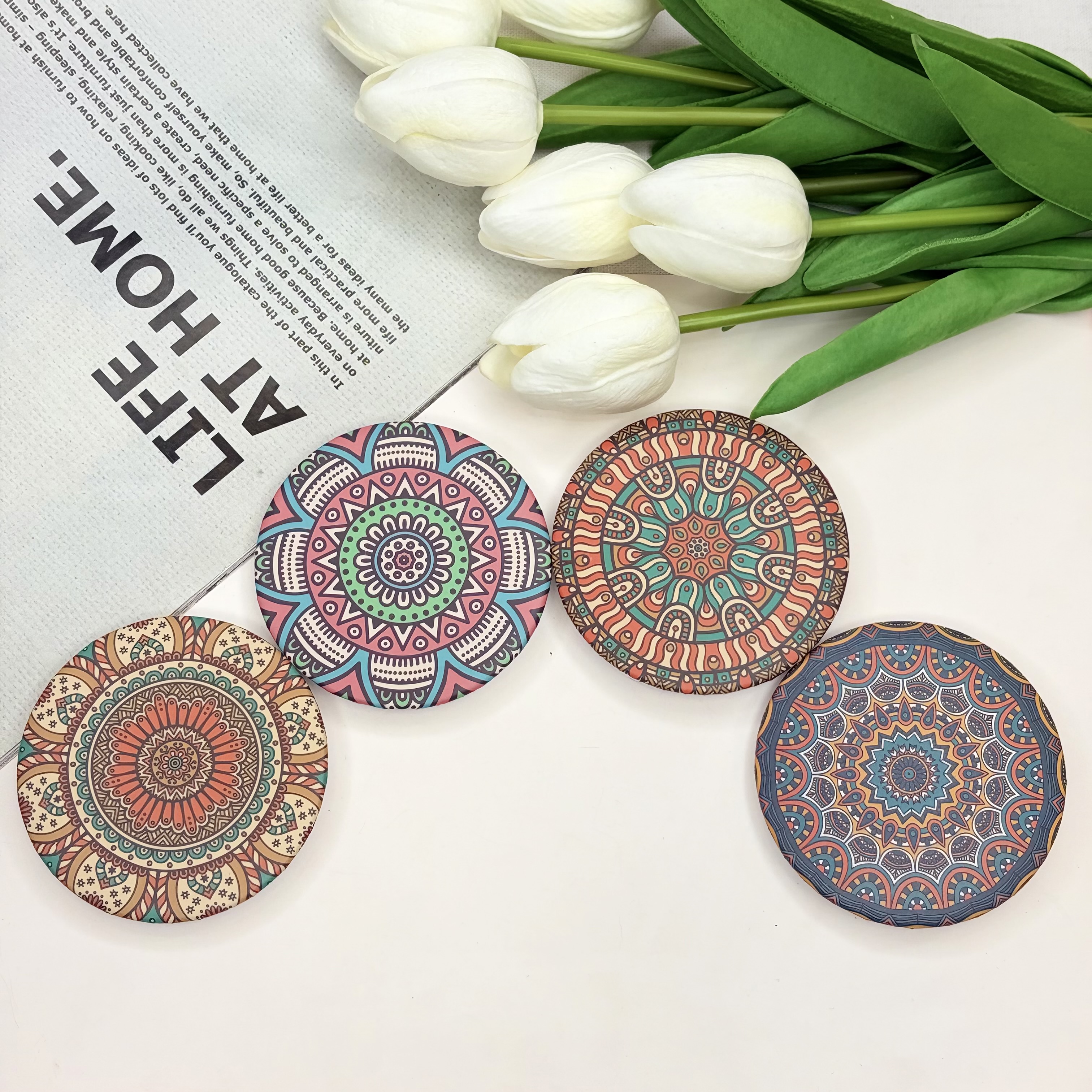 آینه جیبی دوطرفه طرح ماندلا دایره نیمه‌مات7cm