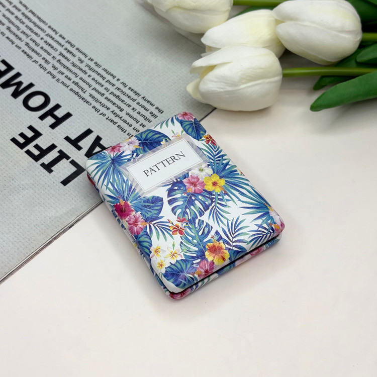 آینه جیبی دوطرفه طرح پترن گلدار مستطیل چرم8.5cm در 6cm