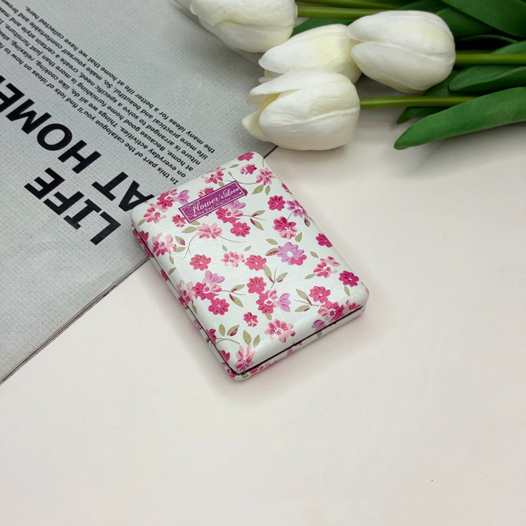 آینه جیبی دوطرفه طرح گلدار ریز چرمی مستطیل8.5cm در 6cm