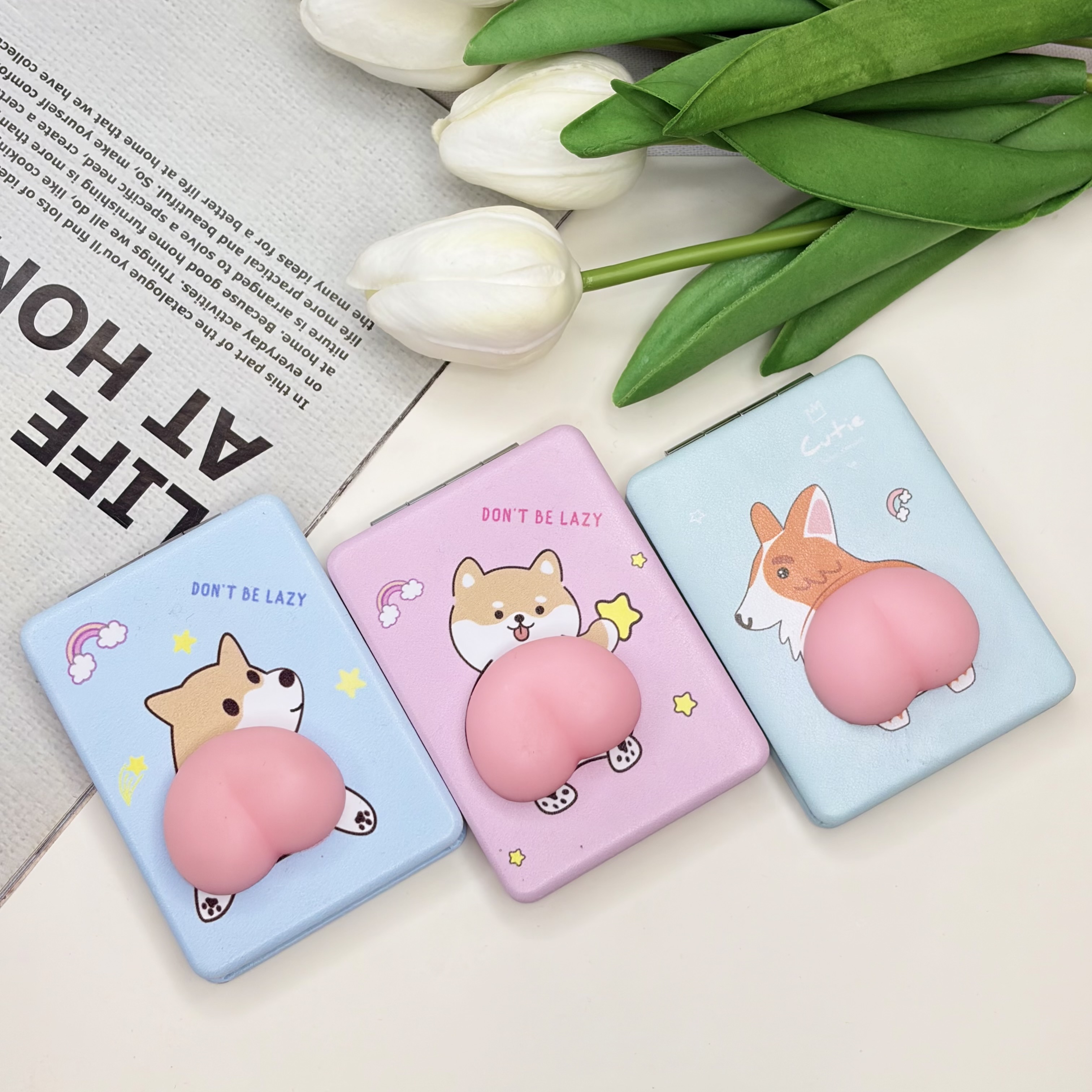 آینه جیبی دوطرفه‌ چرمی پیکسل برجسته سیلیکونی مستطیلی 8.5cm در 6cm