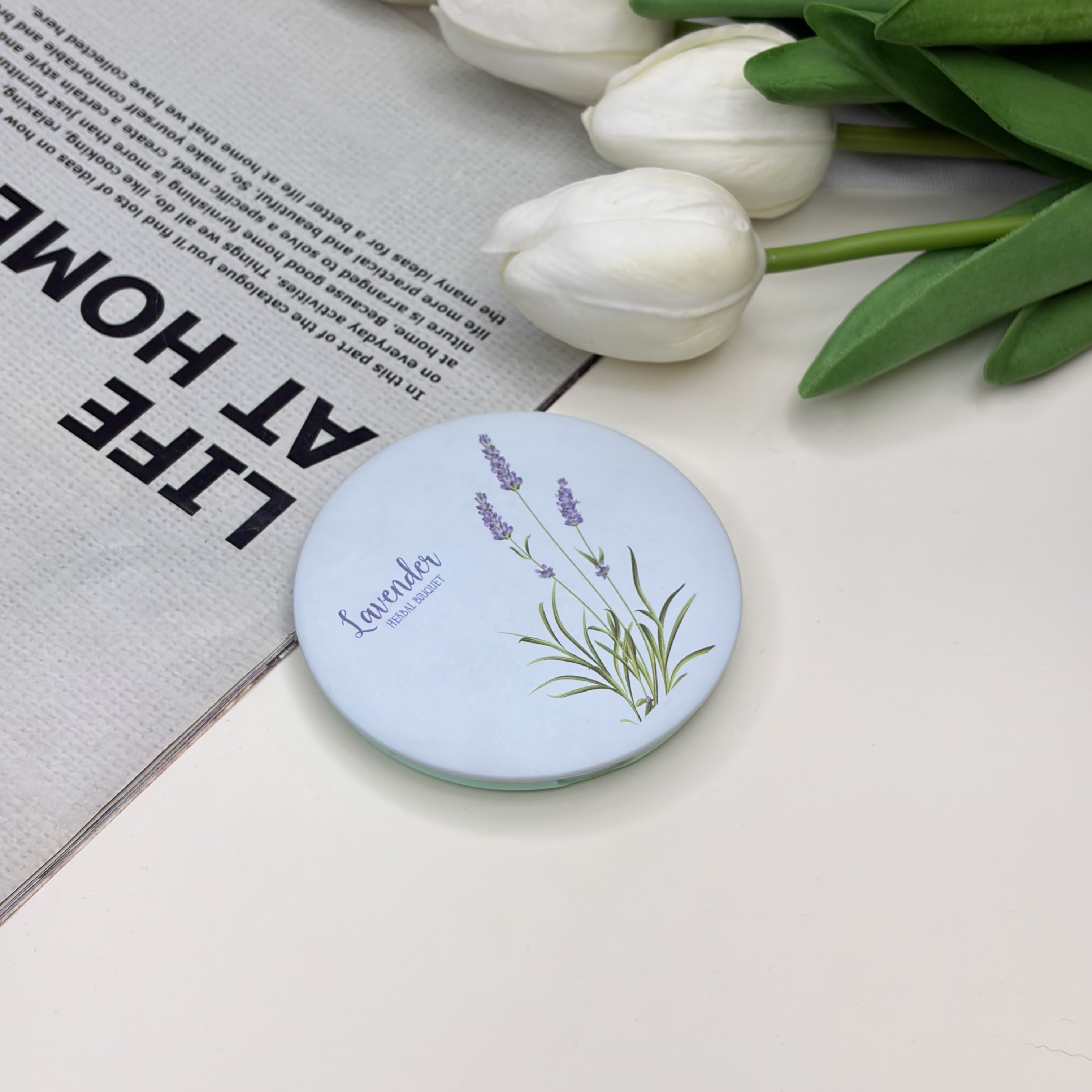 آینه جیبی دوطرفه طرح گل لوندر دایره ای7cm