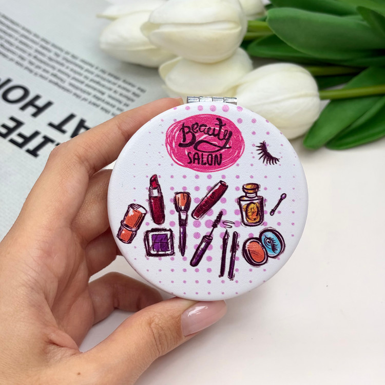 آینه جیبی دوطرفه طرح لوازم آرایشی beauty salon دایره ای 8.5cm در 6cm