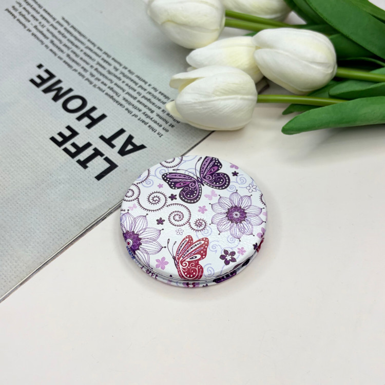آینه جیبی دوطرفه طرح پروانه دایره ای چرم 7cm