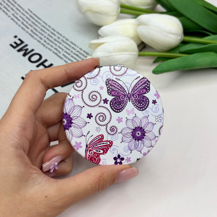 آینه جیبی دوطرفه طرح پروانه دایره ای چرم 7cm