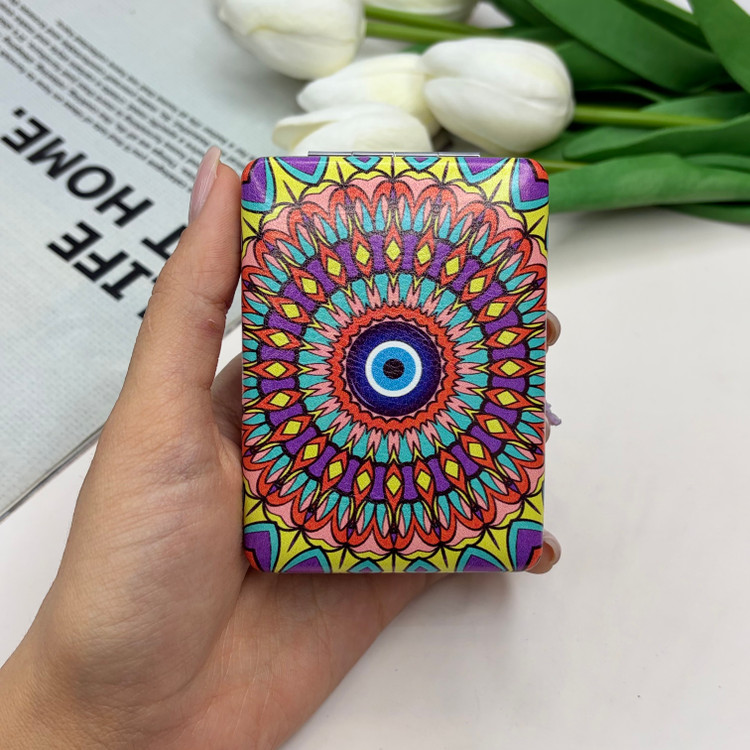 آینه جیبی دوطرفه طرح چشم زخم مستطیلی چرم 8.5cm در 6cm