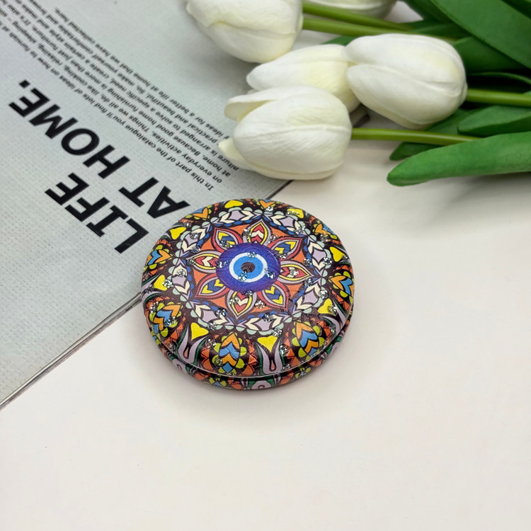 آینه جیبی دوطرفه طرح چشم زخم نگین دار دایره ای چرم 7cm