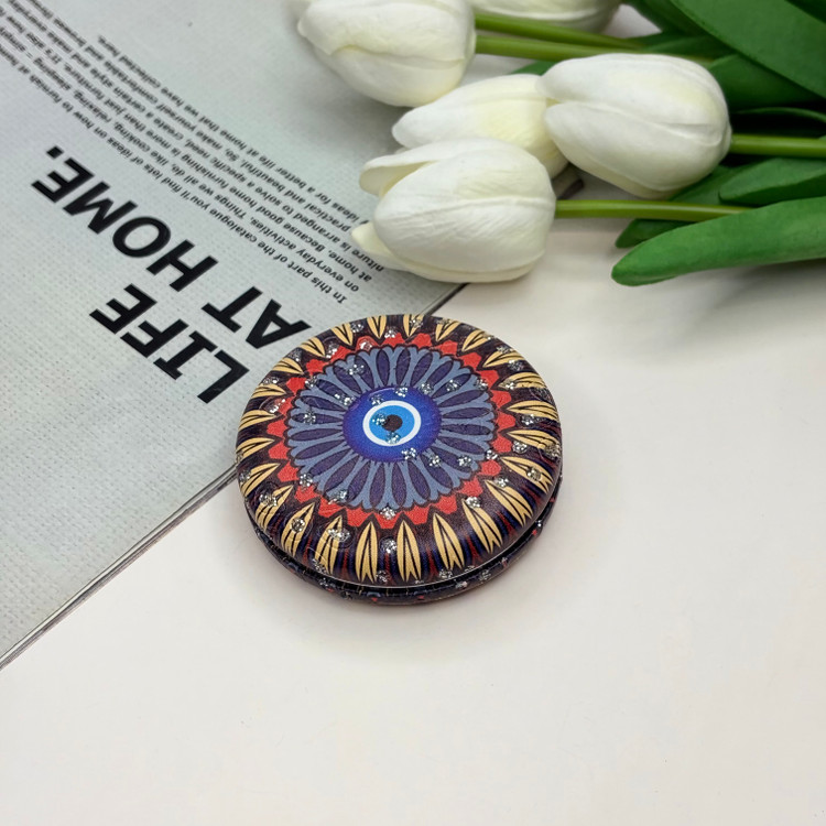 آینه جیبی دوطرفه طرح چشم زخم نگین دار دایره ای چرم 7cm