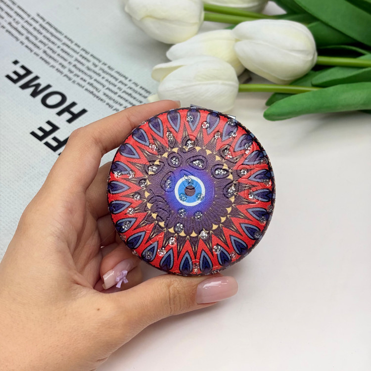 آینه جیبی دوطرفه طرح چشم زخم نگین دار دایره ای چرم 7cm