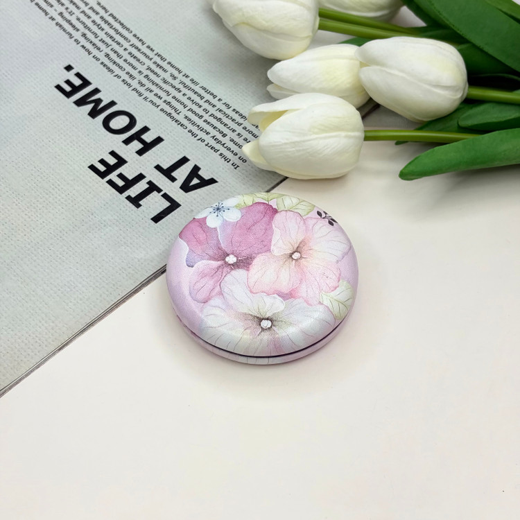 آینه جیبی دوطرفه طرح گل بهاری دایره ای چرم 7cm