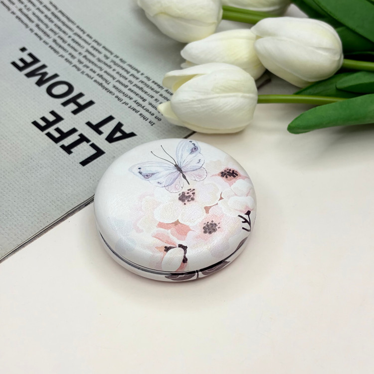 آینه جیبی دوطرفه طرح گل بهاری دایره ای چرم 7cm