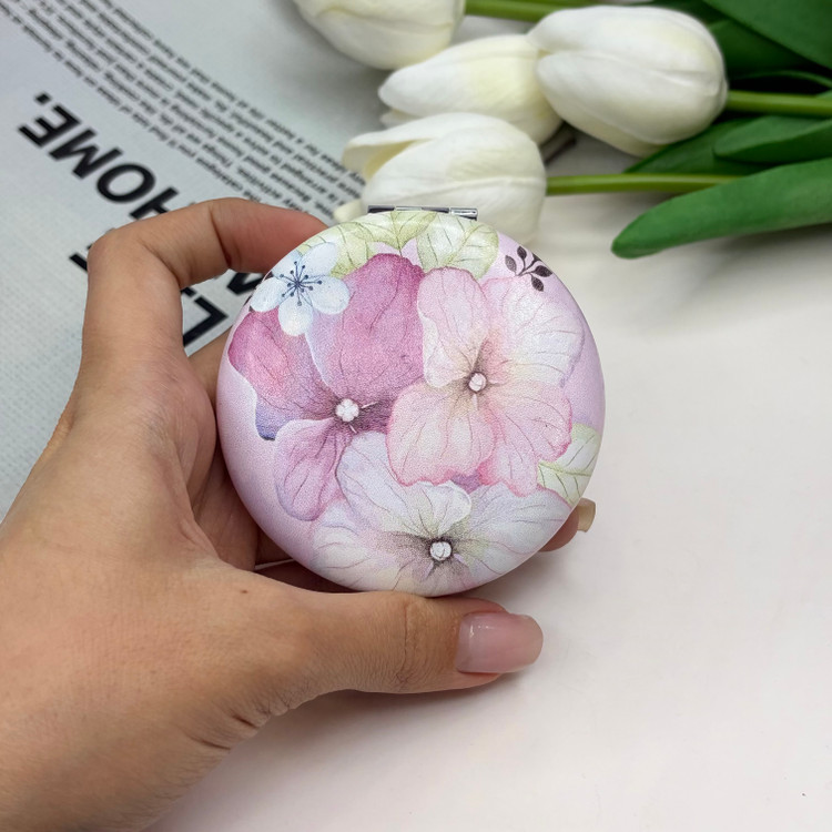 آینه جیبی دوطرفه طرح گل بهاری دایره ای چرم 7cm