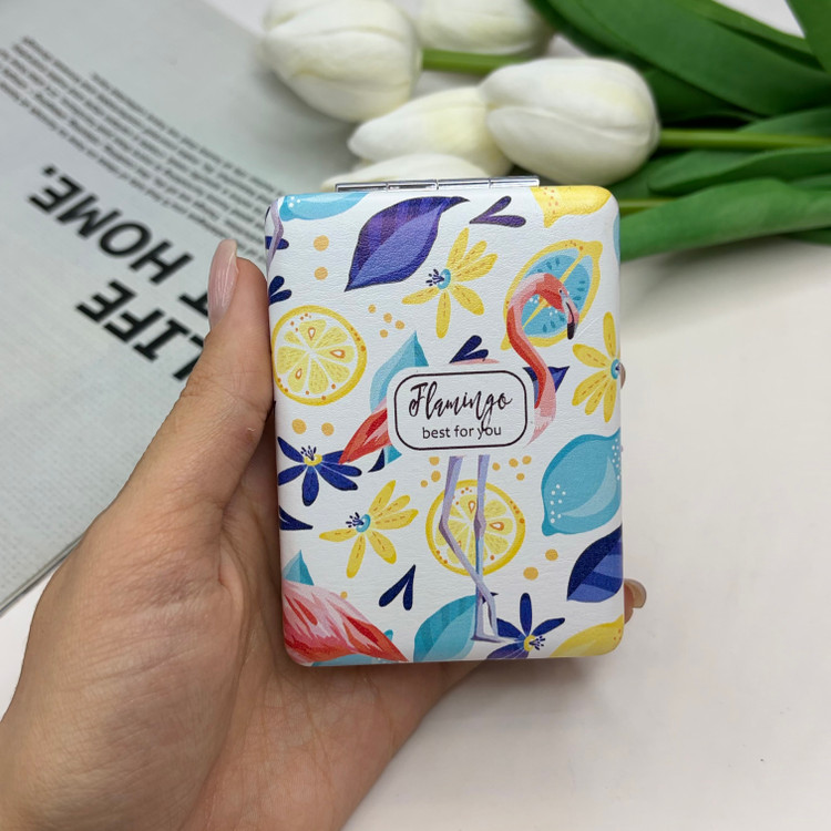 آینه جیبی دوطرفه طرح فلامینگو مستطیلی چرم 8.5cm در 6cm