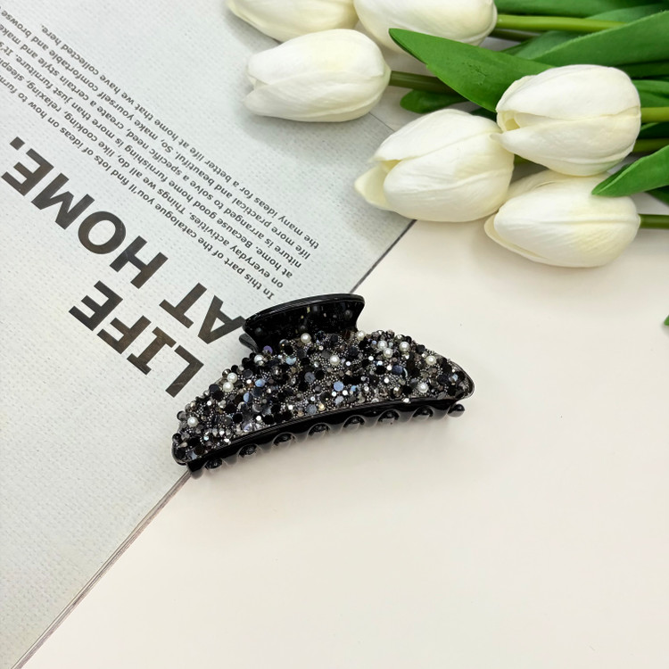 کلیپس نیم دایره نشکن وارداتی رنگ مشکی فول نگین و مروارید8.5cm