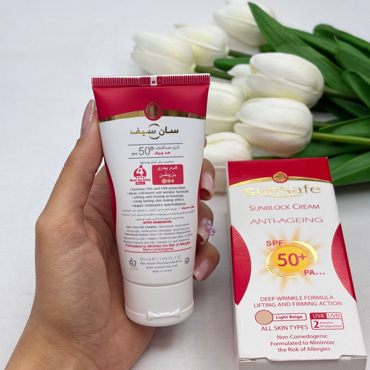 کرم ضدآفتاب و ضد چروک رنگی سان سیف spf50 رنگ بژ روشن مناسب برای انواع پوست ها