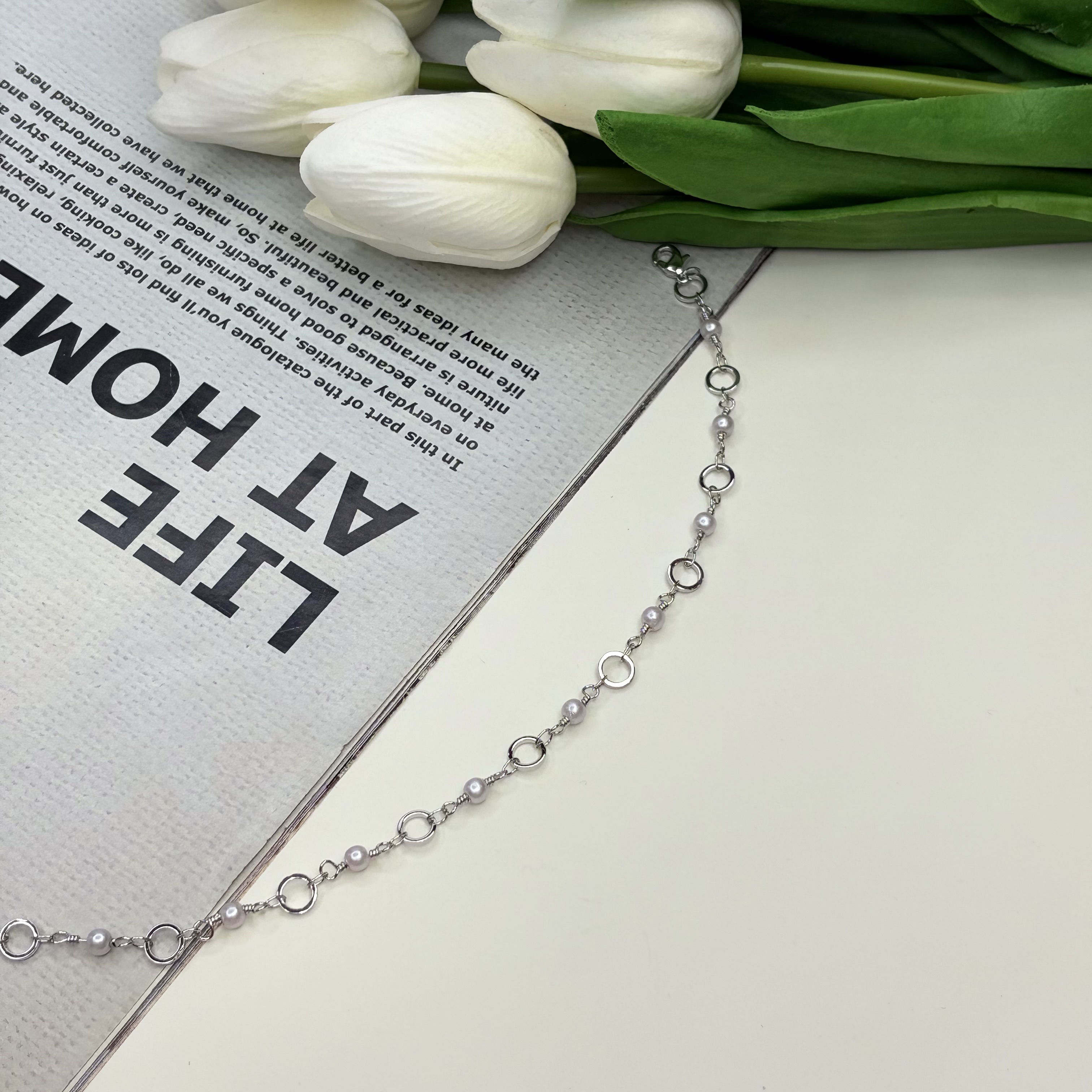 پابند استیل نقره ای طرح حلقه مروارید27cm