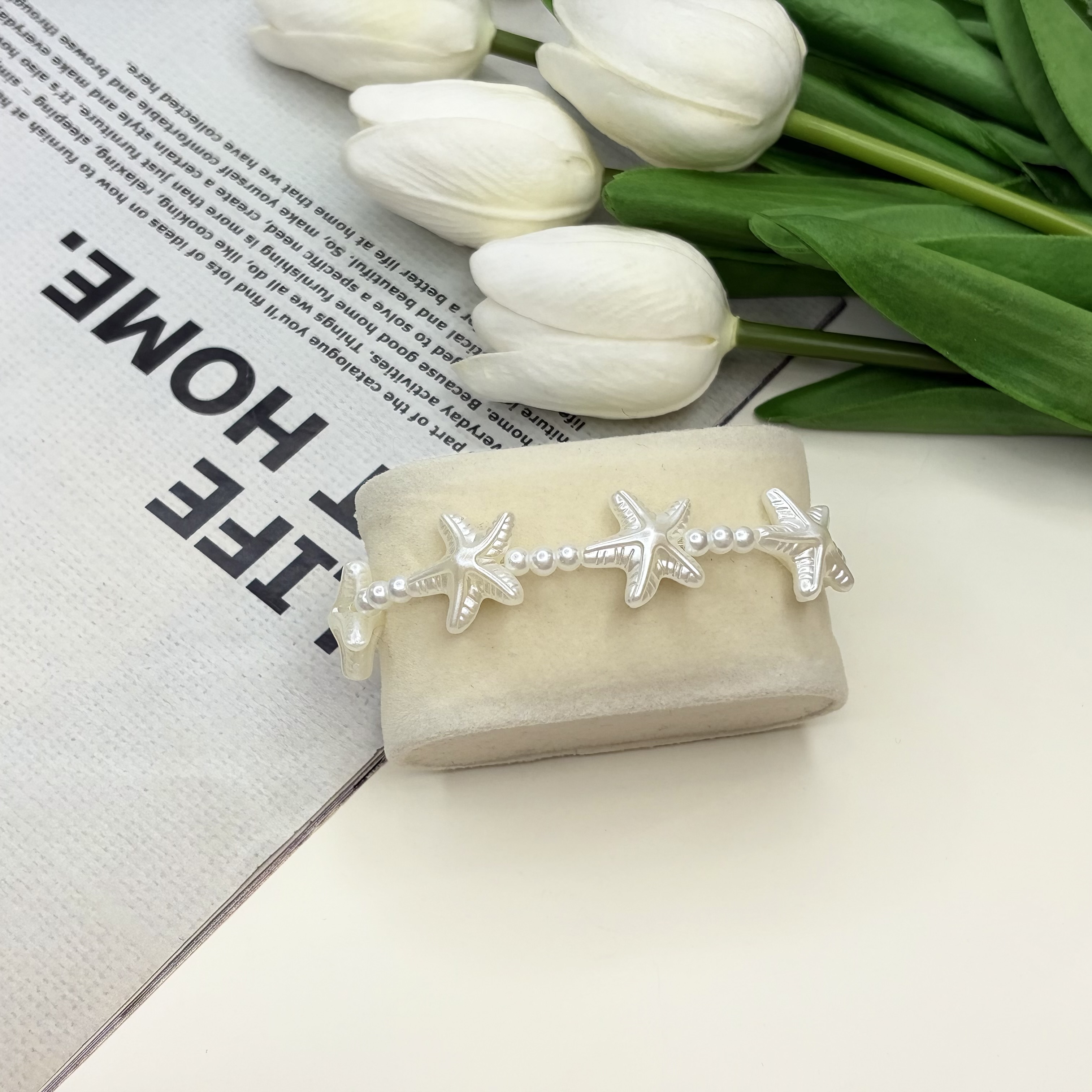 دستبند مهره ای قفل دار ستاره دریایی و مرواریدی با قابلیت تغییر سایز 22cm