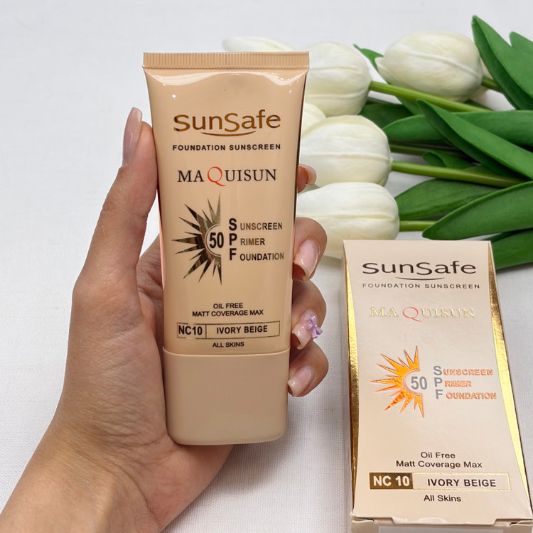ضدآفتاب کرم پودری و پرایمر spf50 مات کننده و مناسب انواع پوست رنگ بژ عاجی ۳۰میل