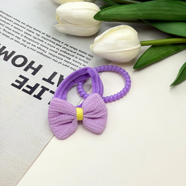 پک دوتایی کش مو پاپیون دار حوله ای و سیم تلفنی رنگ بنفش